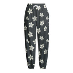 Monochrome Plumeria Pattern Print Fleece Lined Knit Pants