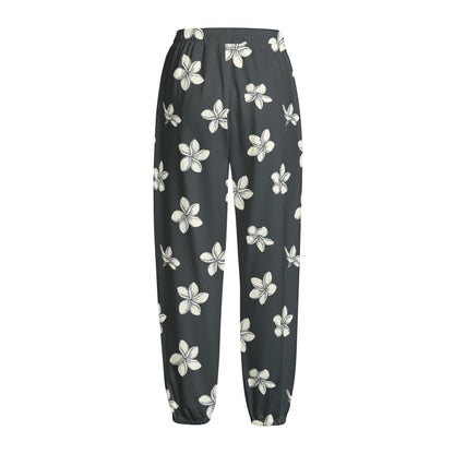 Monochrome Plumeria Pattern Print Fleece Lined Knit Pants