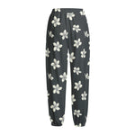 Monochrome Plumeria Pattern Print Fleece Lined Knit Pants