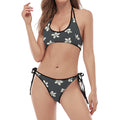 Monochrome Plumeria Pattern Print Halter Scoop Tie Side Bikini