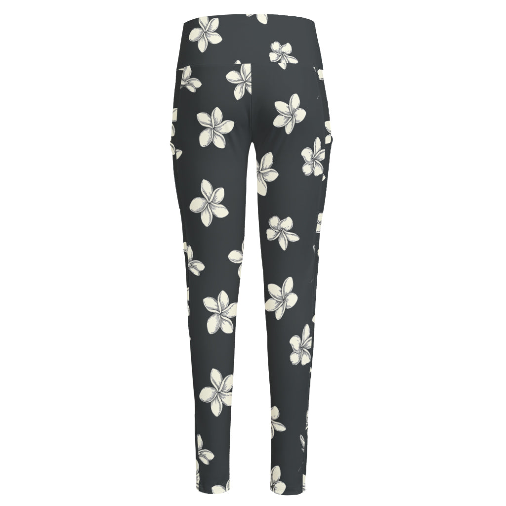 Monochrome Plumeria Pattern Print High-Waisted Pocket Leggings