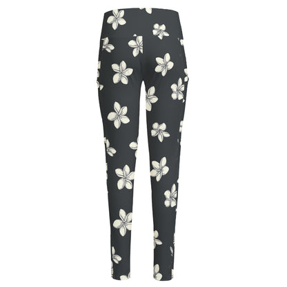 Monochrome Plumeria Pattern Print High-Waisted Pocket Leggings