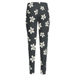 Monochrome Plumeria Pattern Print High-Waisted Pocket Leggings