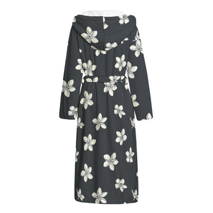 Monochrome Plumeria Pattern Print Hooded Bathrobe