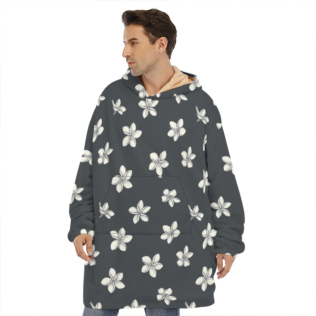 Monochrome Plumeria Pattern Print Hoodie Blanket