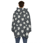 Monochrome Plumeria Pattern Print Hoodie Blanket