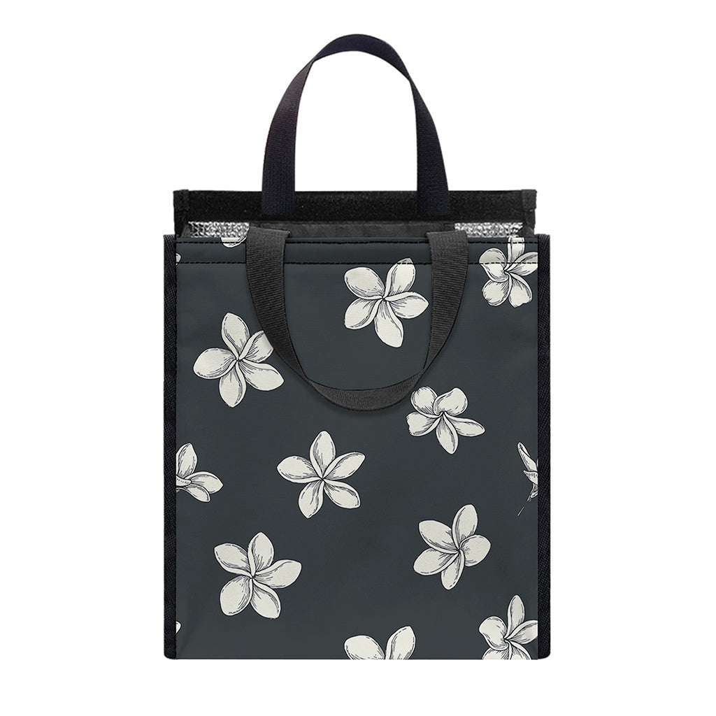 Monochrome Plumeria Pattern Print Insulated Lunch Tote