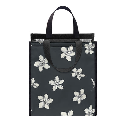 Monochrome Plumeria Pattern Print Insulated Lunch Tote