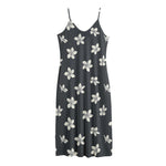 Monochrome Plumeria Pattern Print Jersey Midi Cami Dress