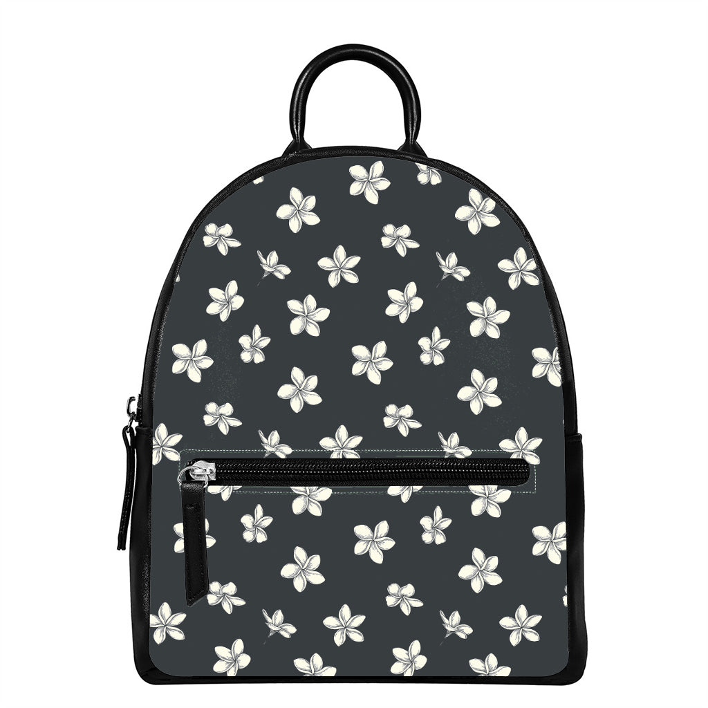 Monochrome Plumeria Pattern Print Leather Backpack
