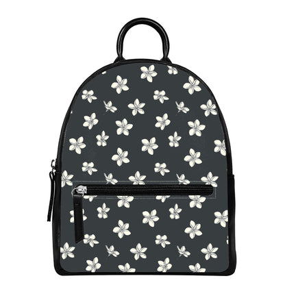 Monochrome Plumeria Pattern Print Leather Backpack