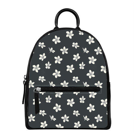 Monochrome Plumeria Pattern Print Leather Backpack