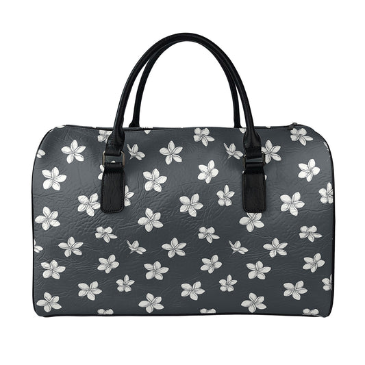 Monochrome Plumeria Pattern Print Leather Duffle Bag