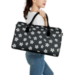 Monochrome Plumeria Pattern Print Leather Duffle Bag