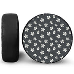 Monochrome Plumeria Pattern Print Leather Spare Tire Cover