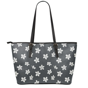 Monochrome Plumeria Pattern Print Leather Tote Bag