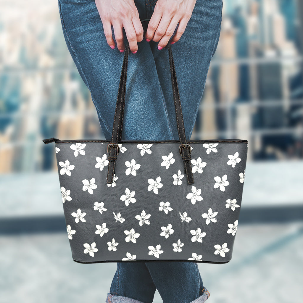 Monochrome Plumeria Pattern Print Leather Tote Bag