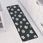 Monochrome Plumeria Pattern Print Long Kitchen Mat