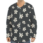 Monochrome Plumeria Pattern Print Long Sleeve Baseball Jersey