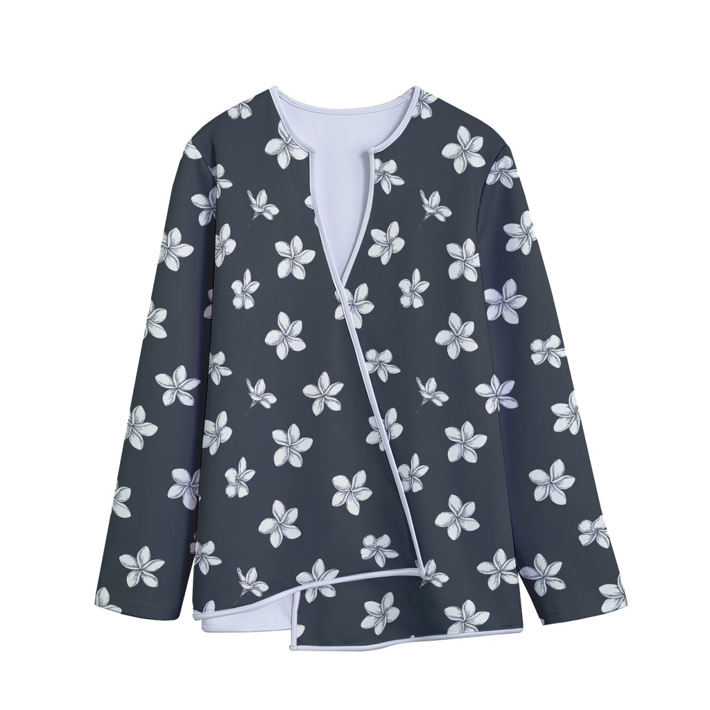 Monochrome Plumeria Pattern Print Long Sleeve Short Coat