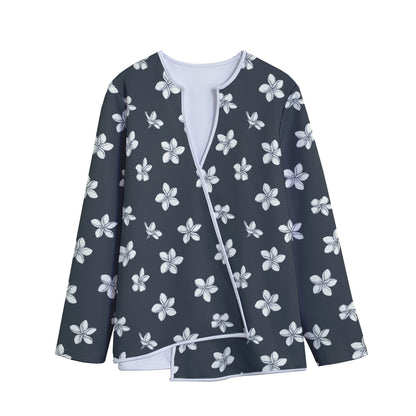Monochrome Plumeria Pattern Print Long Sleeve Short Coat
