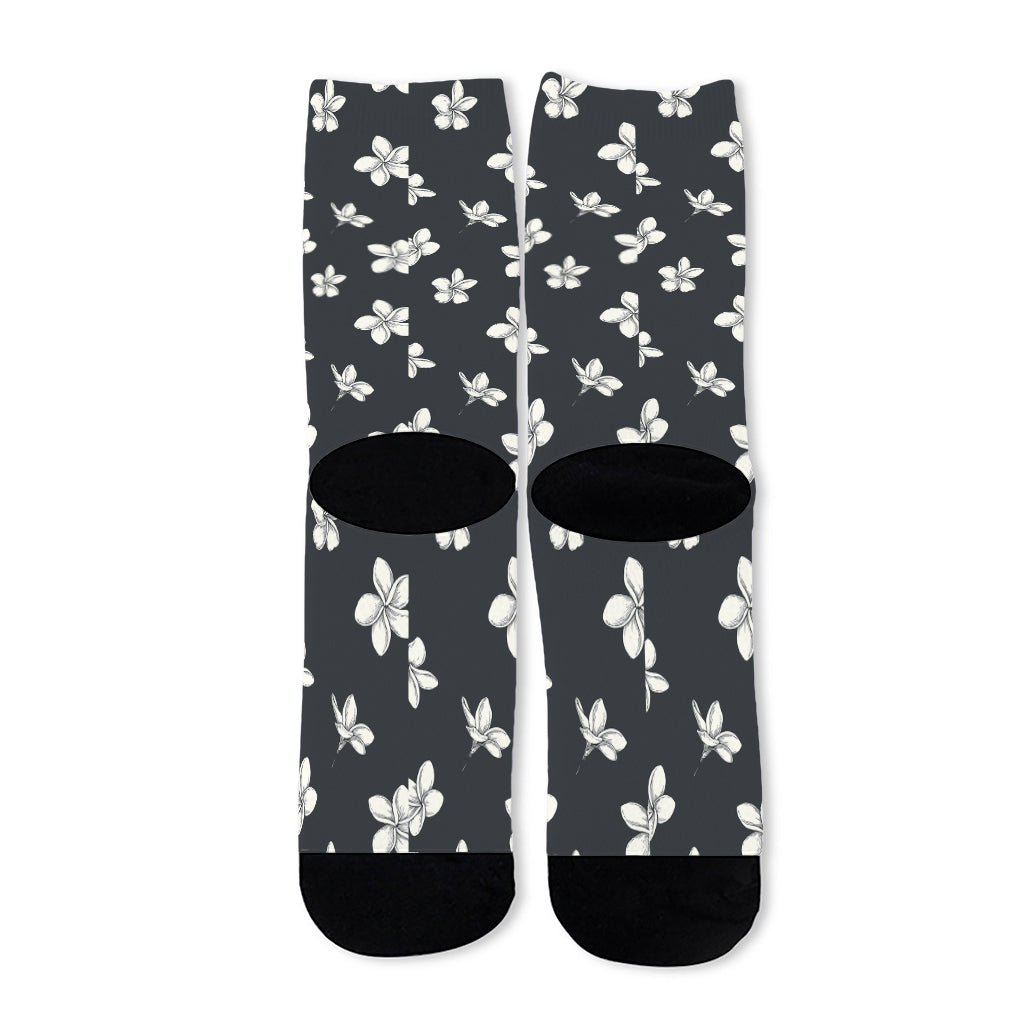 Monochrome Plumeria Pattern Print Long Socks