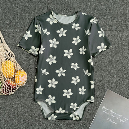 Monochrome Plumeria Pattern Print Men's Bodysuit