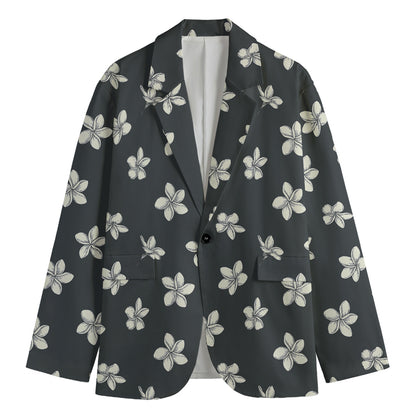 Monochrome Plumeria Pattern Print Men's Cotton Blazer