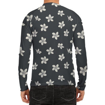 Monochrome Plumeria Pattern Print Men's Long Sleeve Rash Guard