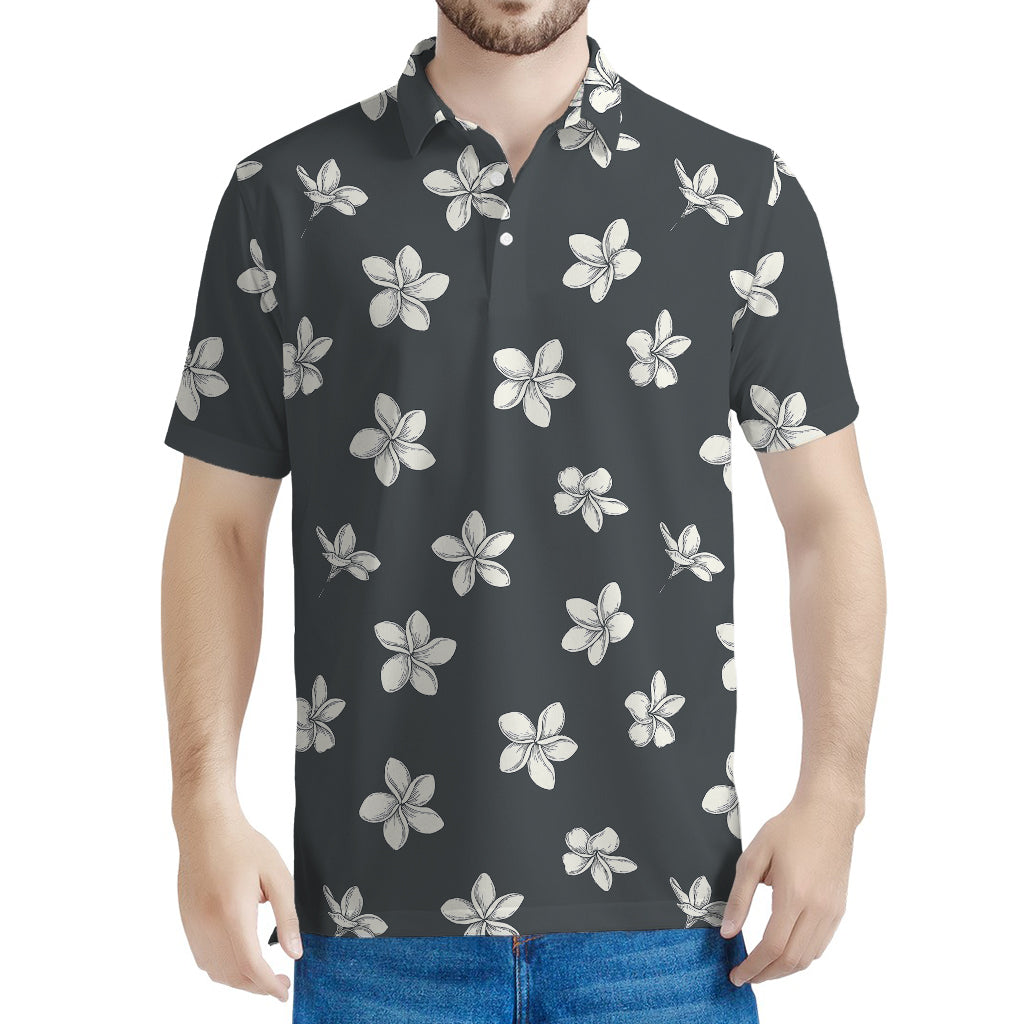 Monochrome Plumeria Pattern Print Men's Polo Shirt