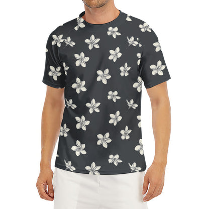 Monochrome Plumeria Pattern Print Men's Short Sleeve Rash Guard