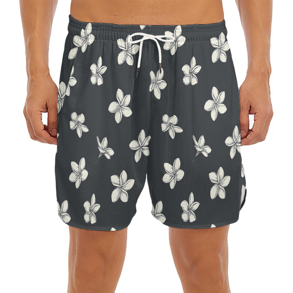 Monochrome Plumeria Pattern Print Men's Split Running Shorts