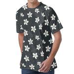 Monochrome Plumeria Pattern Print Men's Velvet T-Shirt