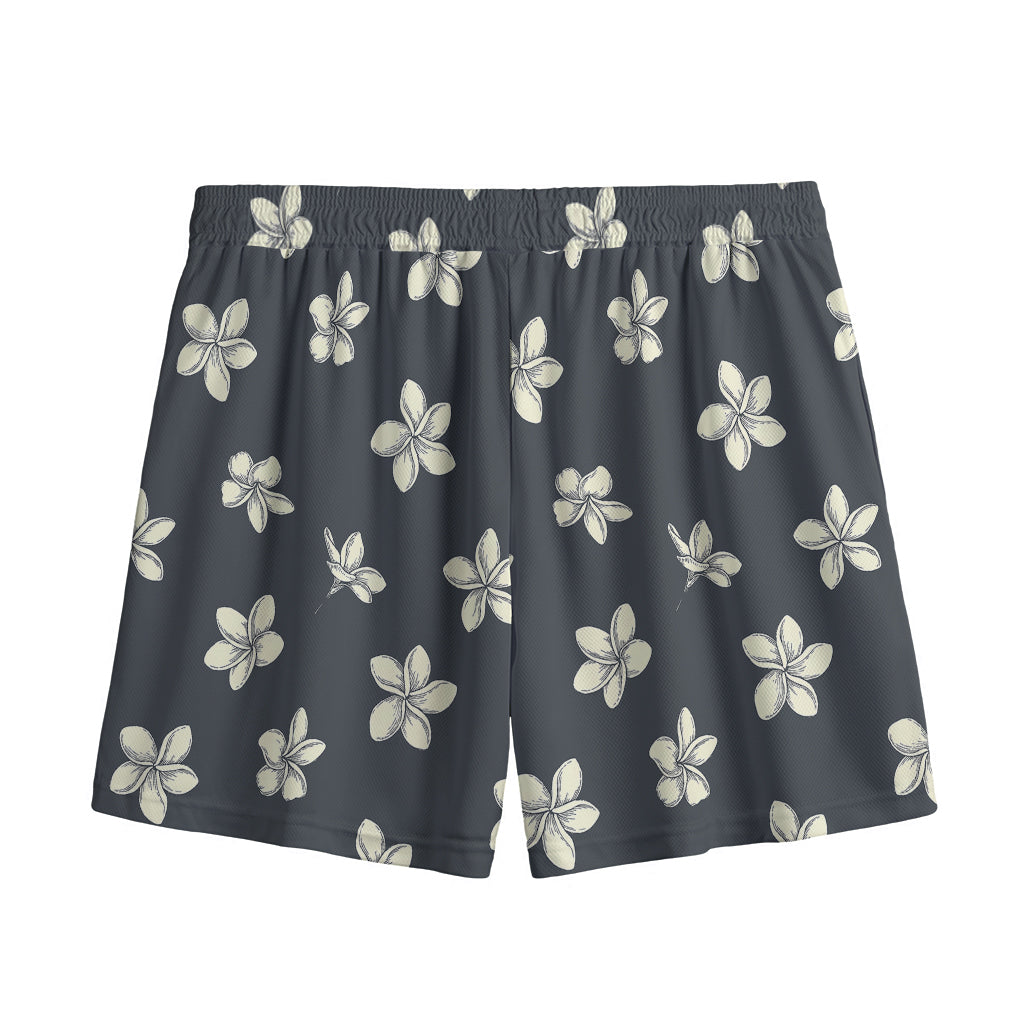 Monochrome Plumeria Pattern Print Mesh Shorts