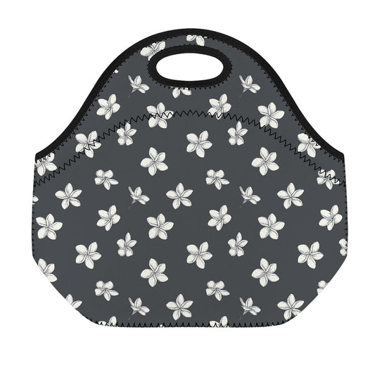 Monochrome Plumeria Pattern Print Neoprene Lunch Bag