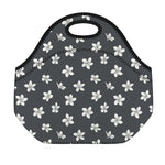 Monochrome Plumeria Pattern Print Neoprene Lunch Bag