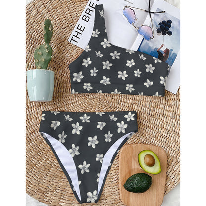 Monochrome Plumeria Pattern Print One Shoulder Bikini Top