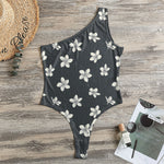 Monochrome Plumeria Pattern Print One Shoulder Bodysuit