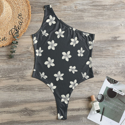 Monochrome Plumeria Pattern Print One Shoulder Bodysuit