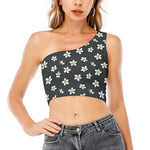 Monochrome Plumeria Pattern Print One Shoulder Crop Top