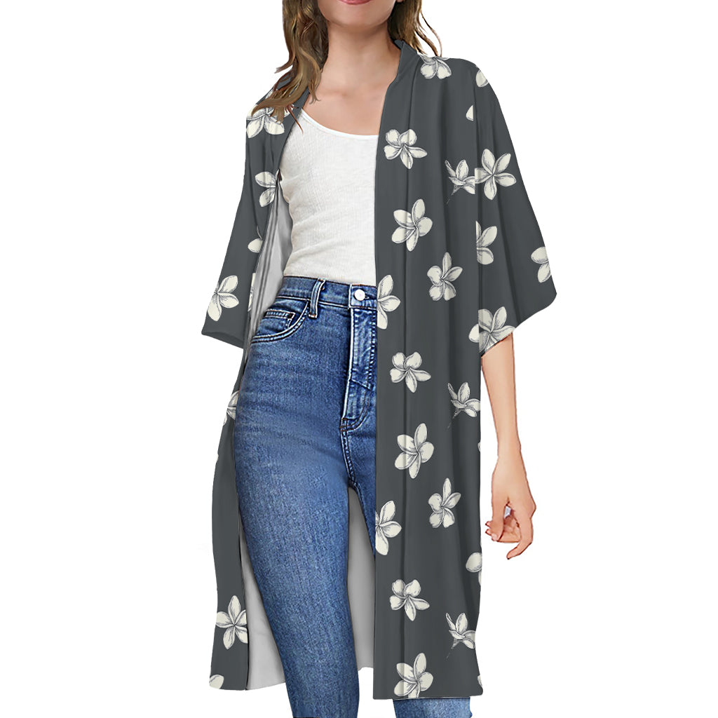 Monochrome Plumeria Pattern Print Open Front Beach Cover Up