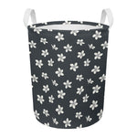 Monochrome Plumeria Pattern Print Round Laundry Basket