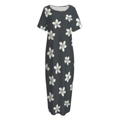 Monochrome Plumeria Pattern Print Short Sleeve Long Nightdress