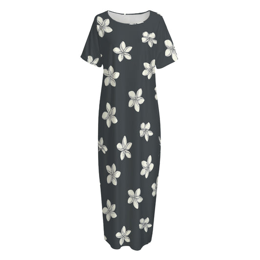 Monochrome Plumeria Pattern Print Short Sleeve Long Nightdress