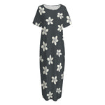 Monochrome Plumeria Pattern Print Short Sleeve Long Nightdress