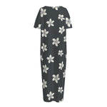 Monochrome Plumeria Pattern Print Short Sleeve Long Nightdress