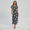 Monochrome Plumeria Pattern Print Short Sleeve Maxi Dress