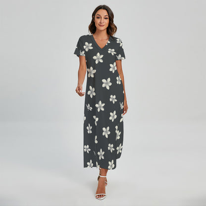 Monochrome Plumeria Pattern Print Short Sleeve Maxi Dress
