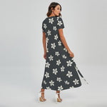 Monochrome Plumeria Pattern Print Short Sleeve Maxi Dress