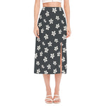 Monochrome Plumeria Pattern Print Side Slit Midi Skirt